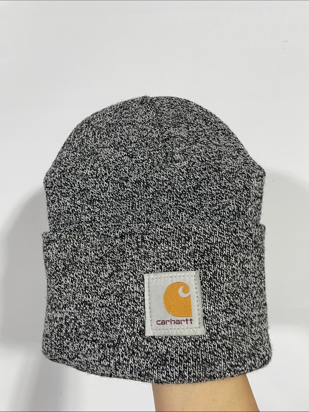 Carhartt Black & White Marled Knit Cuffed Beanie with Gold Logo Patch